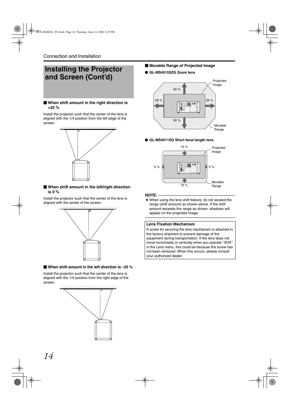 Installing the projector and screen (cont’d) | JVC DLA-SH4KNL User Manual | Page 62 / 100