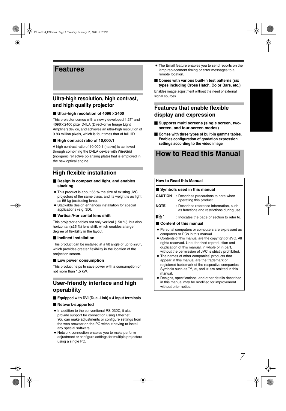 Features, How to read this manual, Features how to read this manual | High flexible installation, User-friendly interface and high operability | JVC DLA-SH4KNL User Manual | Page 7 / 100