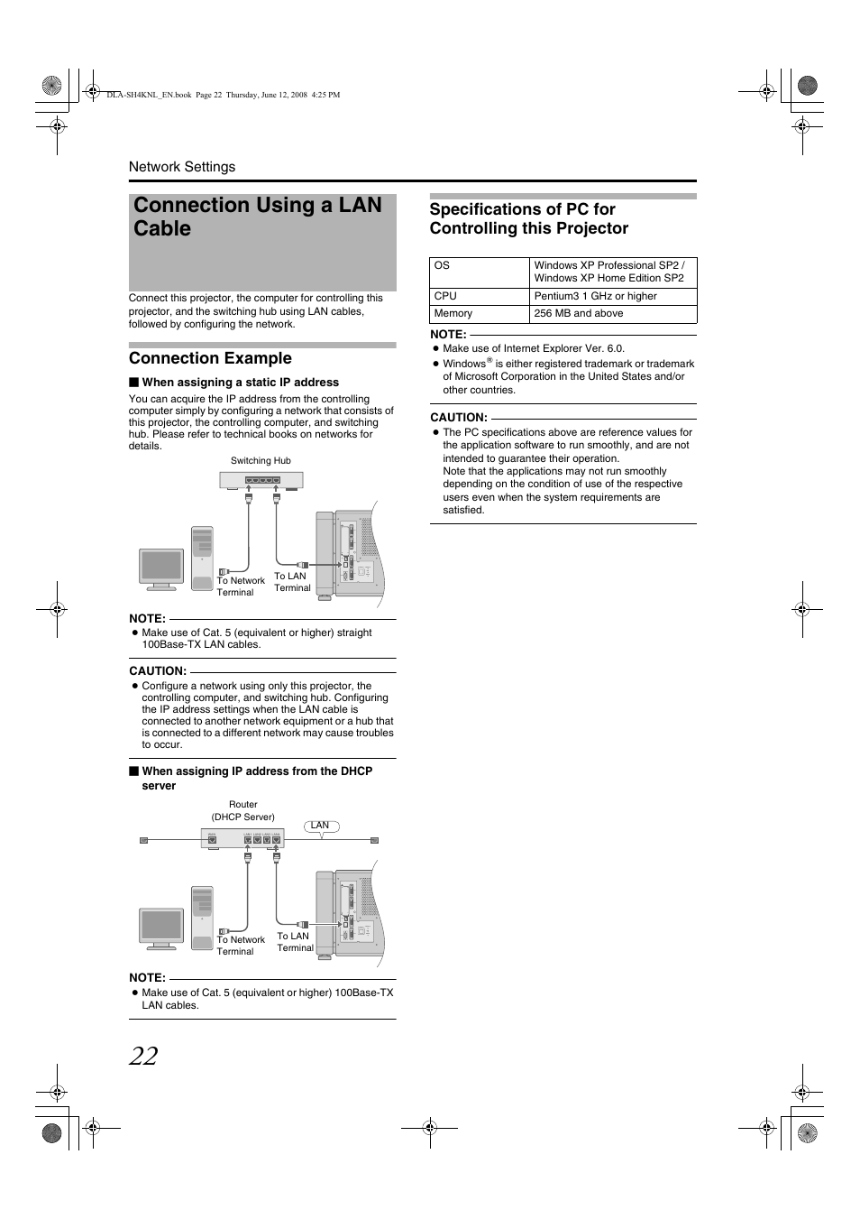 Network settings, Connection using a lan cable, Setti | Connection example | JVC DLA-SH4KNL User Manual | Page 70 / 100