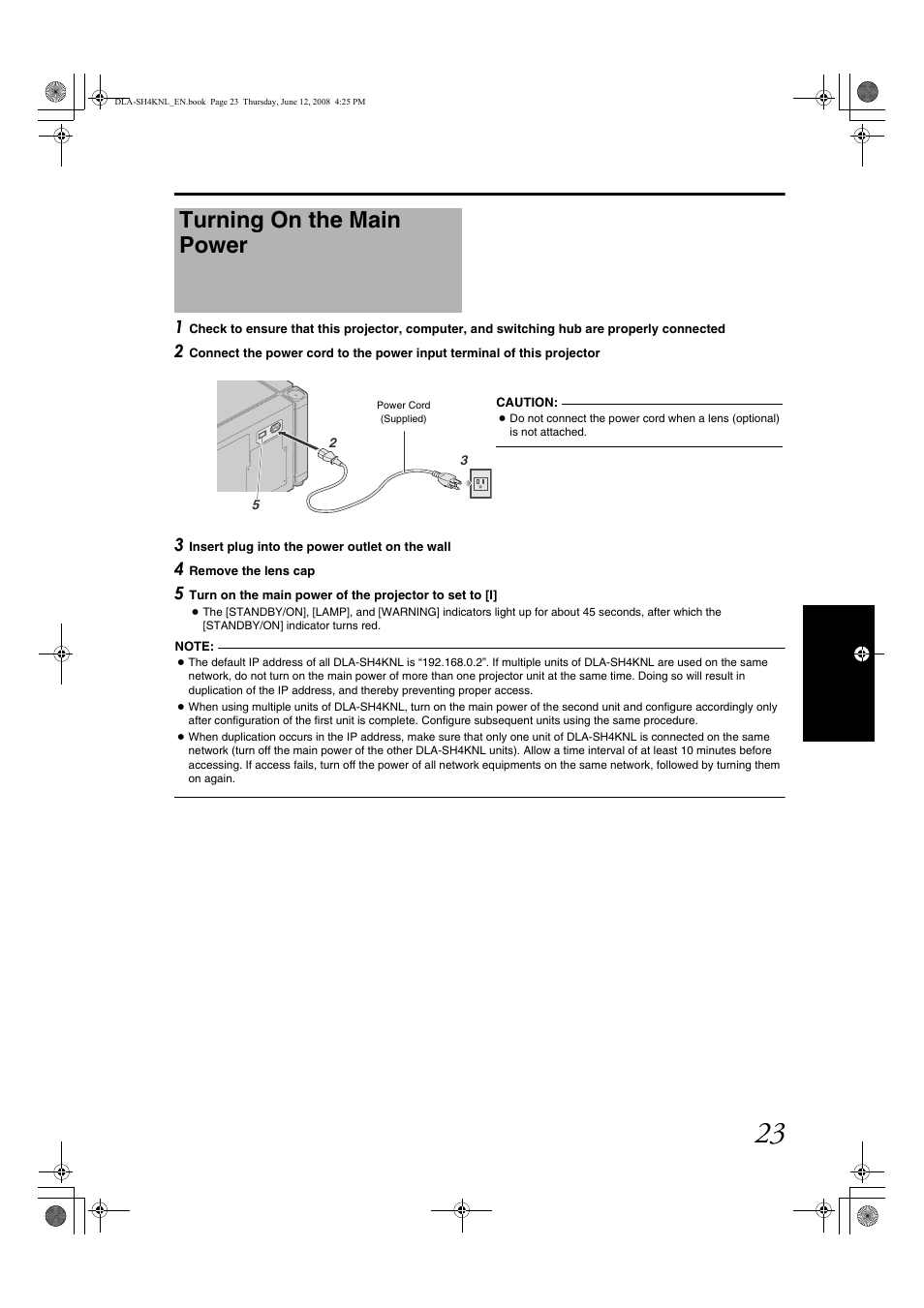 Turning on the main power | JVC DLA-SH4KNL User Manual | Page 71 / 100