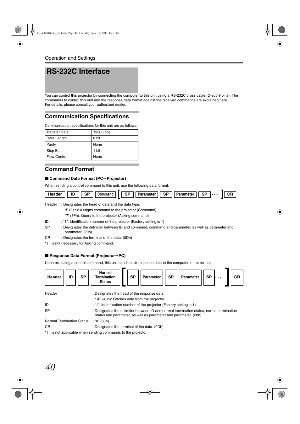 Rs-232c interface, Communication specifications, Command format | JVC DLA-SH4KNL User Manual | Page 88 / 100