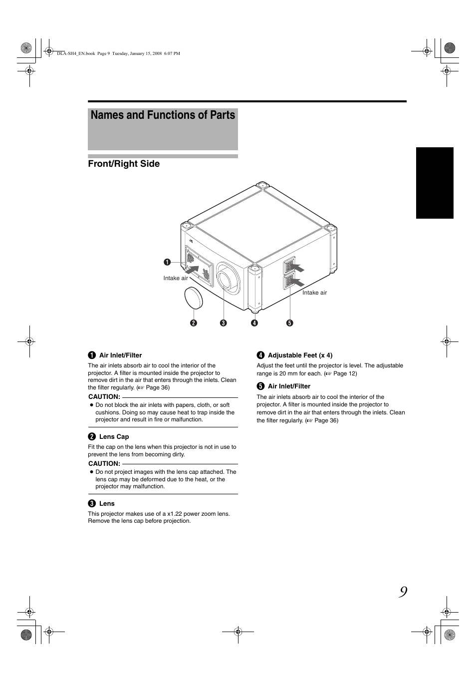 Names and functions of parts, Front/right side | JVC DLA-SH4KNL User Manual | Page 9 / 100