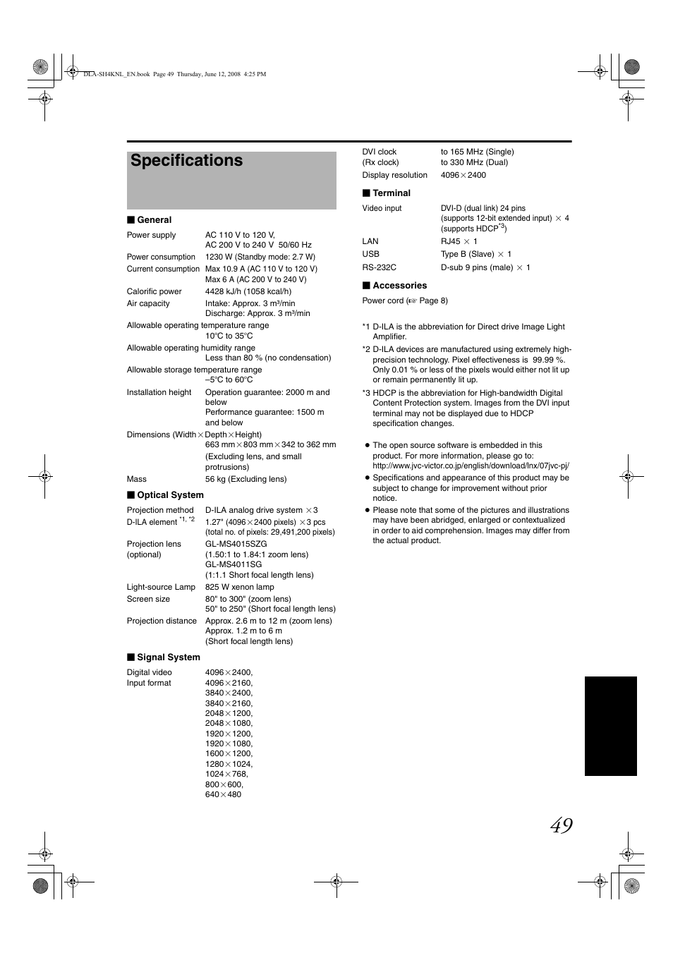 Specifications | JVC DLA-SH4KNL User Manual | Page 97 / 100