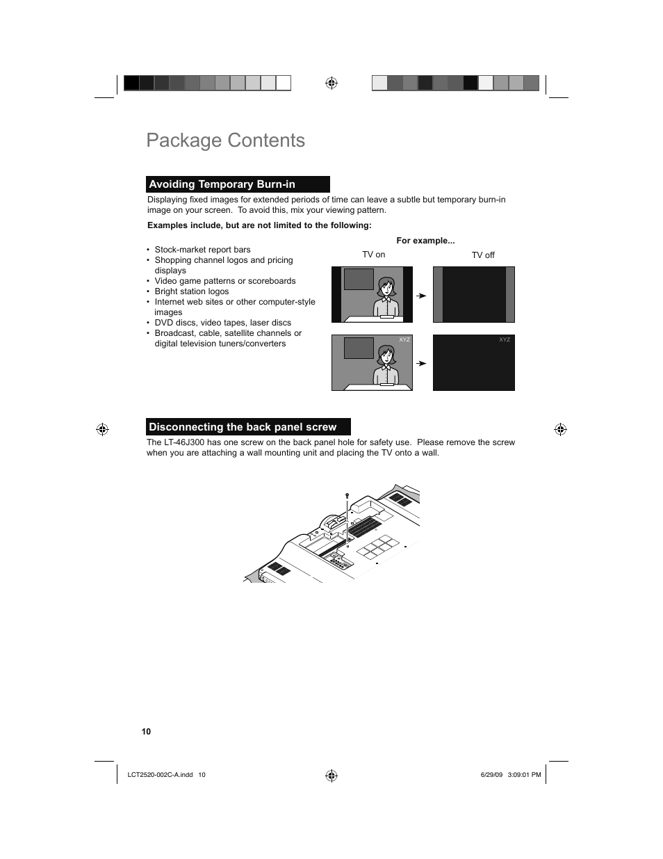 Avoiding temporary burn-in, Disconnecting the back panel screw, Package contents | JVC 0709TMH-II-IM User Manual | Page 10 / 56