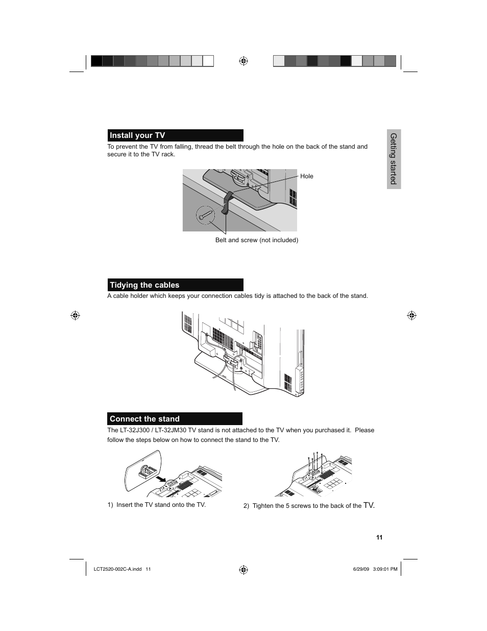 Install your tv, Tidying the cables, Connect the stand | JVC 0709TMH-II-IM User Manual | Page 11 / 56