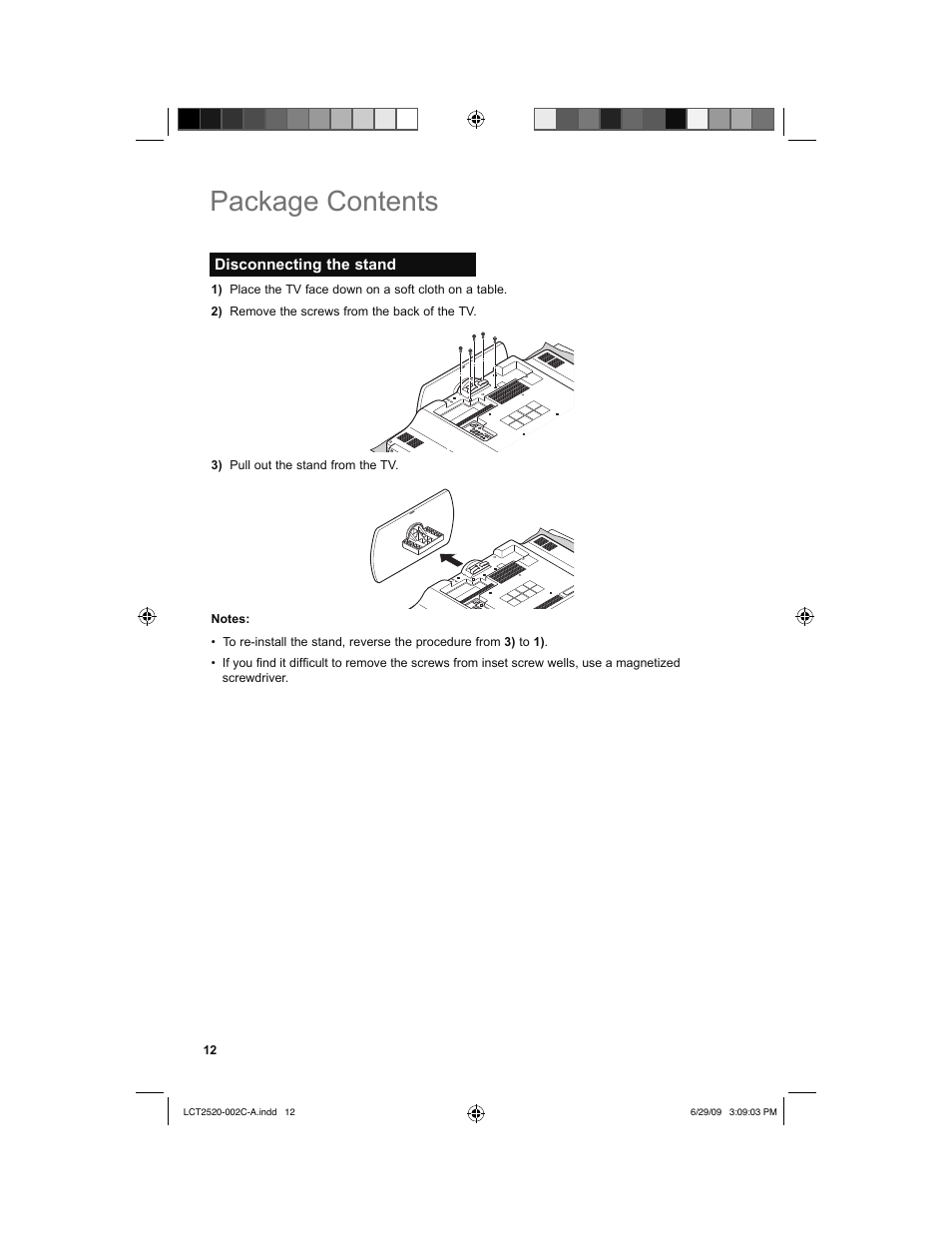 Disconnecting the stand, Package contents | JVC 0709TMH-II-IM User Manual | Page 12 / 56