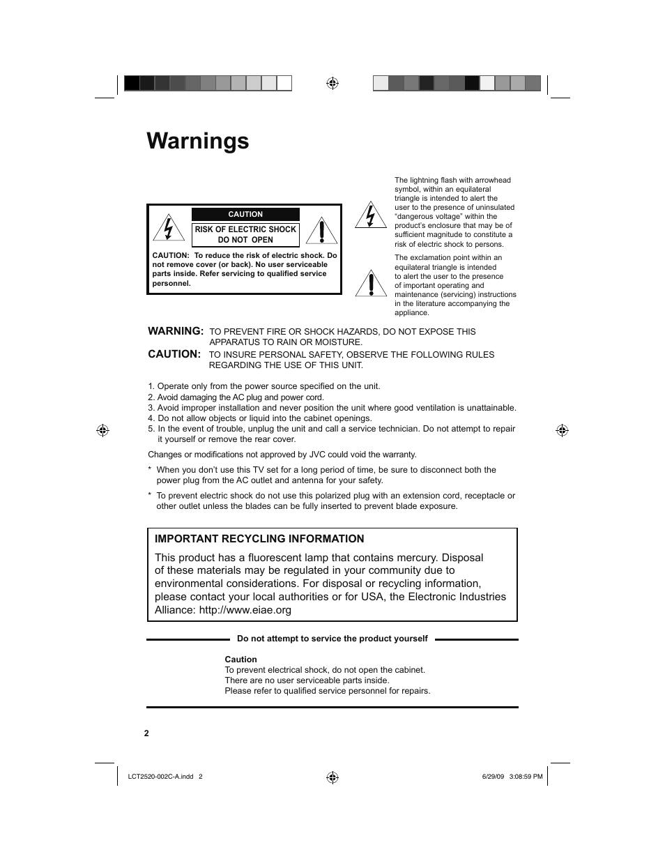 Warnings | JVC 0709TMH-II-IM User Manual | Page 2 / 56
