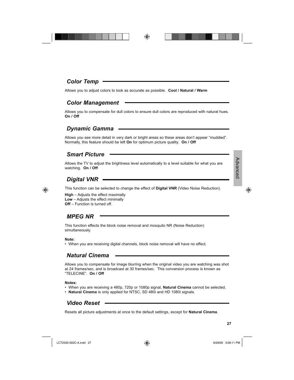 Color temp, Color management, Dynamic gamma | Smart picture, Digital vnr, Mpeg nr, Natural cinema, Video reset | JVC 0709TMH-II-IM User Manual | Page 27 / 56