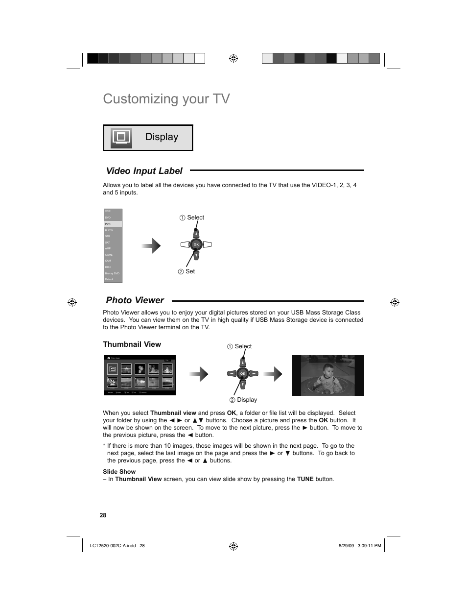 Display, Video input label, Photo viewer | Customizing your tv, Thumbnail view, Back, Menu, Tune | JVC 0709TMH-II-IM User Manual | Page 28 / 56