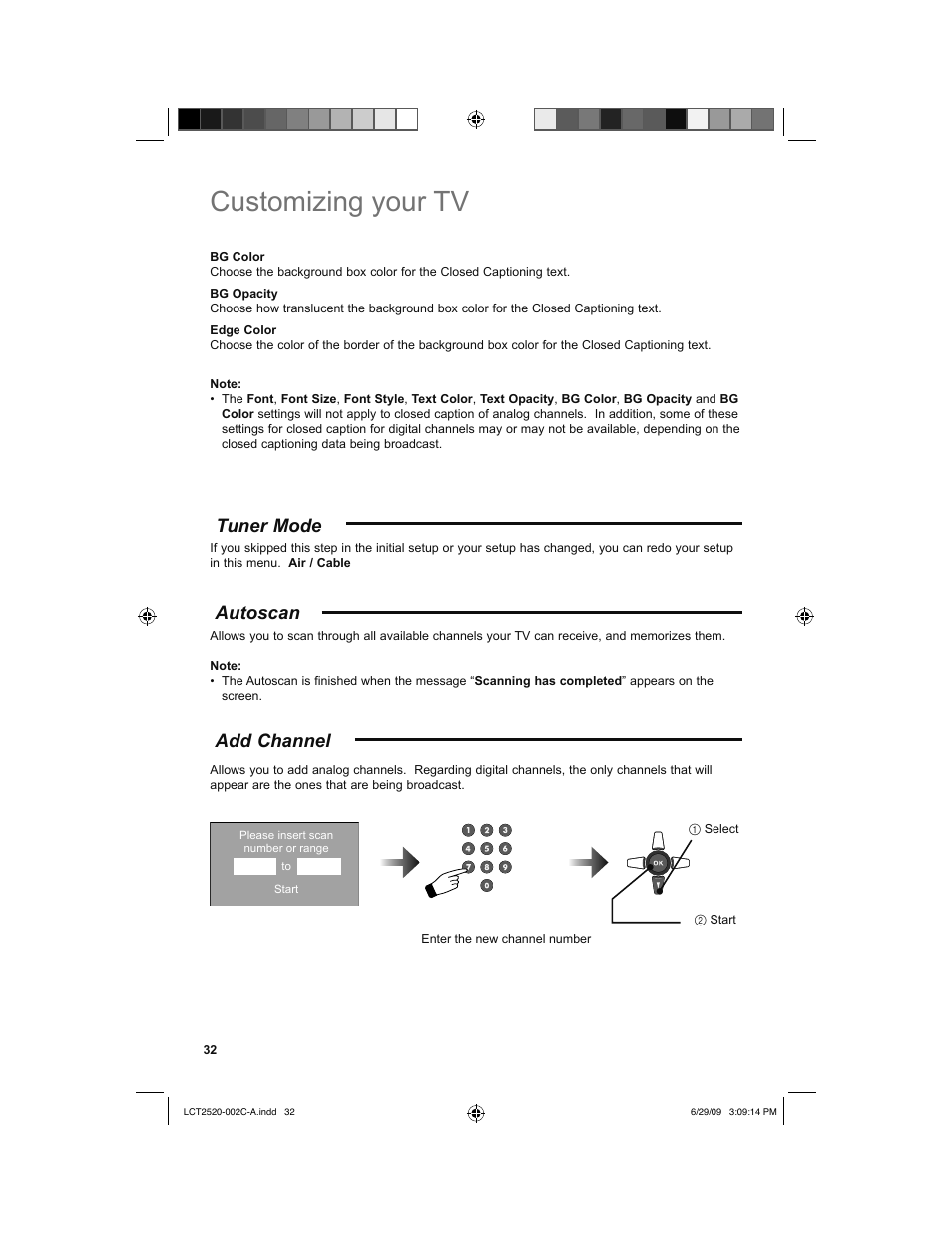 Tuner mode, Autoscan, Add channel | Customizing your tv, Tuner mode autoscan | JVC 0709TMH-II-IM User Manual | Page 32 / 56