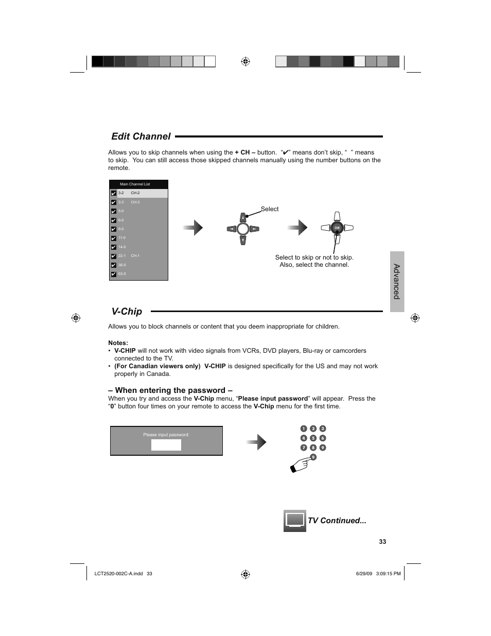 Edit channel, V-chip, Tv continued | When entering the password, Advanced | JVC 0709TMH-II-IM User Manual | Page 33 / 56