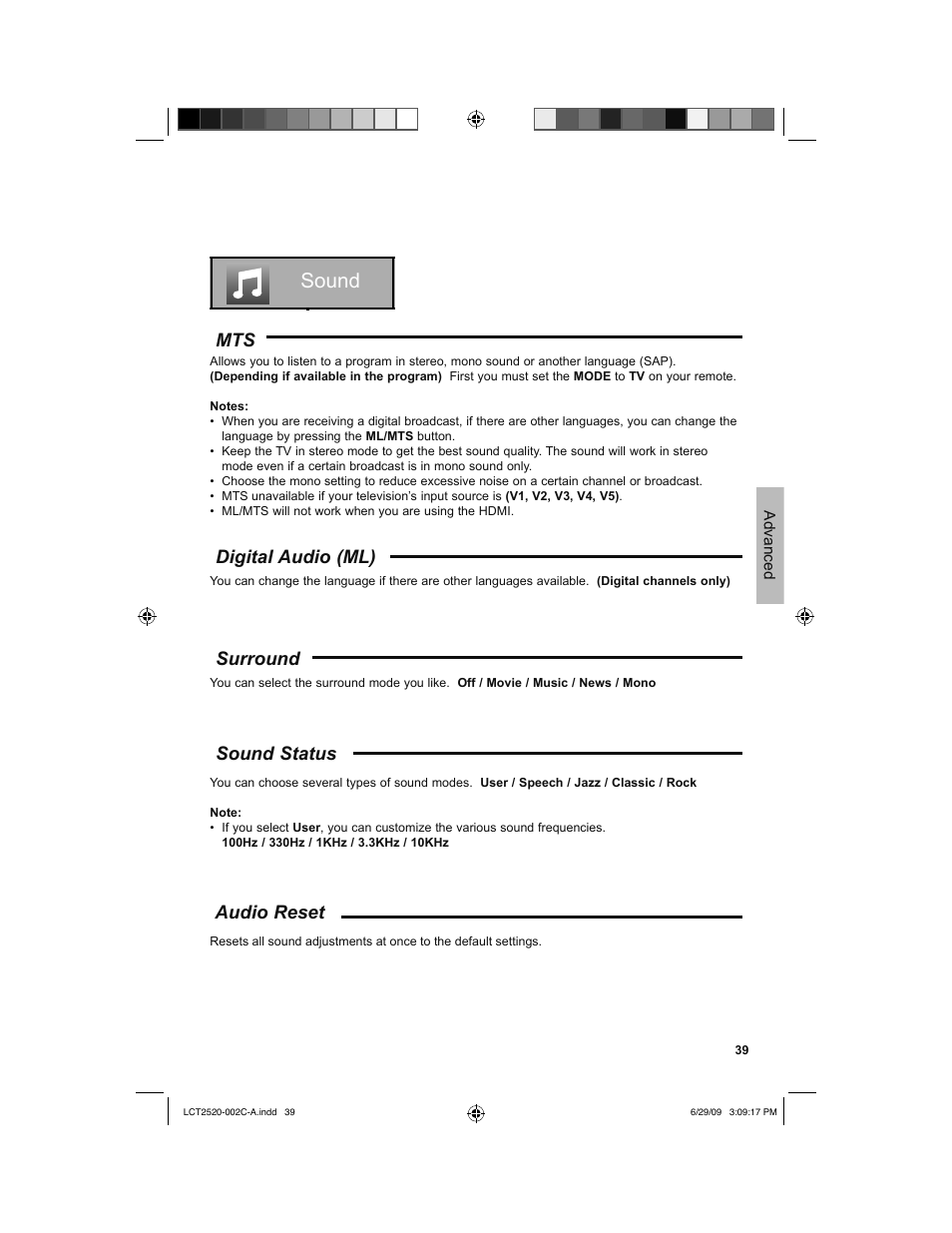 Sound, Digital audio (ml), Surround | Sound status, Audio reset | JVC 0709TMH-II-IM User Manual | Page 39 / 56