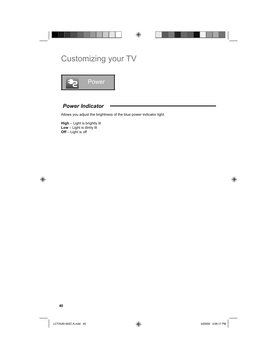 Power, Power indicator, Customizing your tv | JVC 0709TMH-II-IM User Manual | Page 40 / 56