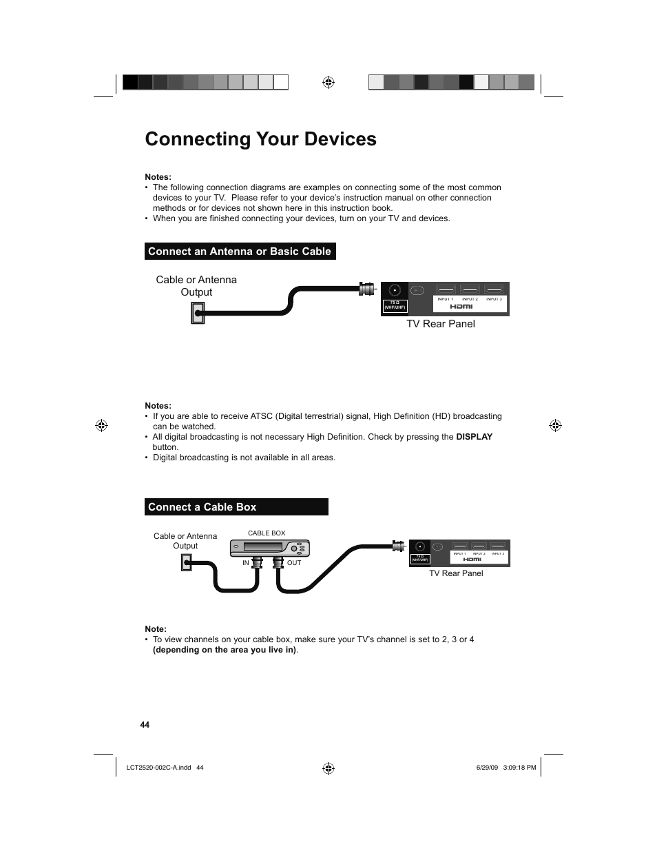 Connecting your devices, Connect an antenna or basic cable, Connect a cable box | Tv rear panel cable or antenna output | JVC 0709TMH-II-IM User Manual | Page 44 / 56