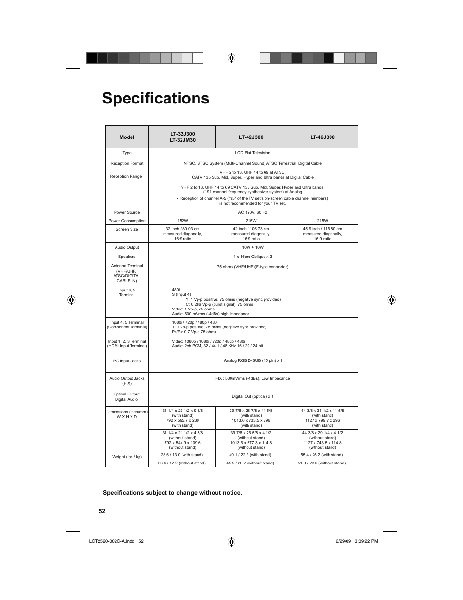 Specifi cations, Specifications subject to change without notice | JVC 0709TMH-II-IM User Manual | Page 52 / 56