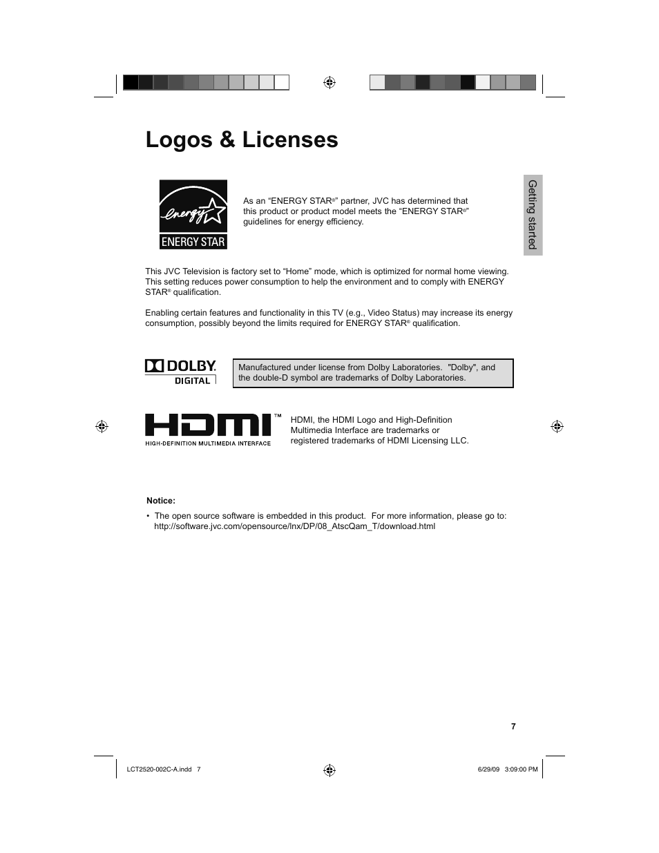 Logos & licenses, Getting started | JVC 0709TMH-II-IM User Manual | Page 7 / 56