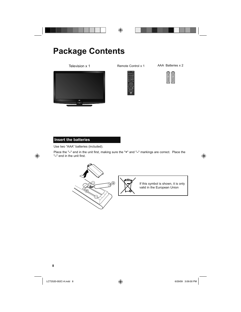 Package contents, Insert the batteries, Television x 1 | JVC 0709TMH-II-IM User Manual | Page 8 / 56