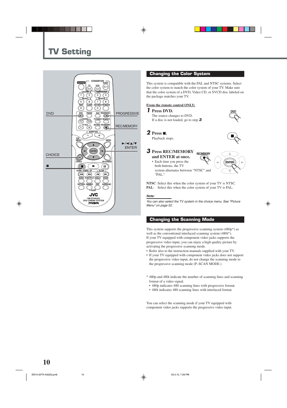 Tv setting, Changing the scanning mode, Changing the color system | Press dvd, Press 7 | JVC TH-A35 User Manual | Page 12 / 63
