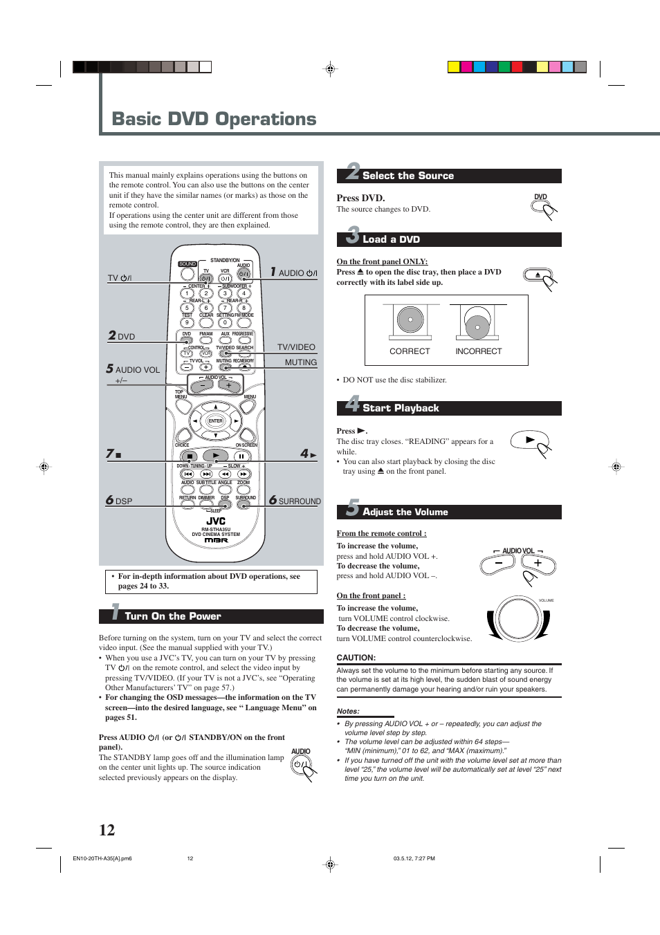 Basic dvd operations, Turn on the power, Select the source press dvd | Load a, Start playback | JVC TH-A35 User Manual | Page 14 / 63