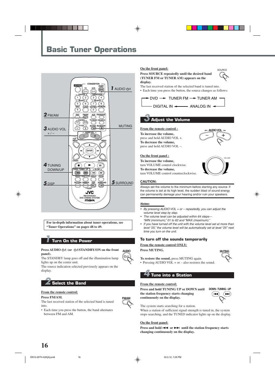 Basic tuner operations, Turn on the power, Select the band | Adjust the volume, Tune into a station | JVC TH-A35 User Manual | Page 18 / 63