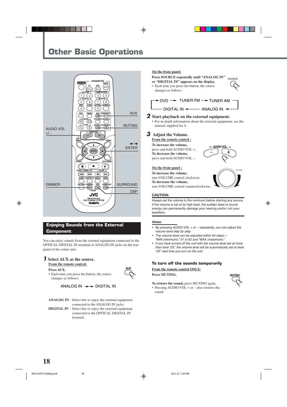 Other basic operations, Enjoying sounds from the external component, Select aux as the source | Start playback on the external equipment, Adjust the volume, Dvd tuner fm tuner am analog in digital in, Analog in digital in | JVC TH-A35 User Manual | Page 20 / 63