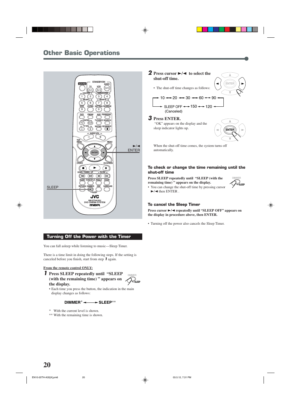 Other basic operations, Turning off the power with the timer, Press cursor 3 / 2 to select the shut-off time | Press enter | JVC TH-A35 User Manual | Page 22 / 63