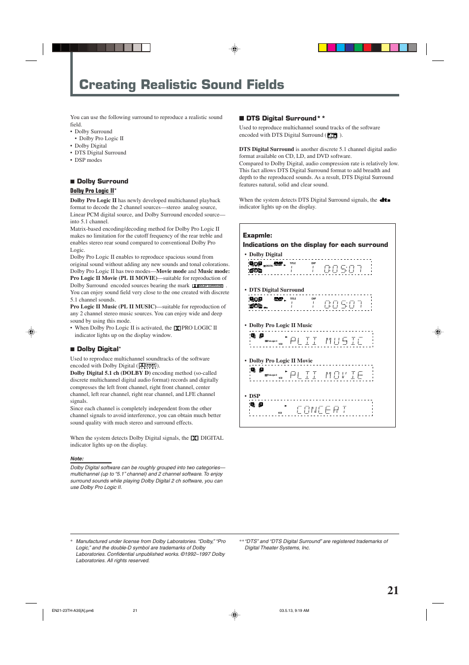 Creating realistic sound fields, 7 dolby surround dolby pro logic ii, 7 dolby digital | Dts digital surround | JVC TH-A35 User Manual | Page 23 / 63