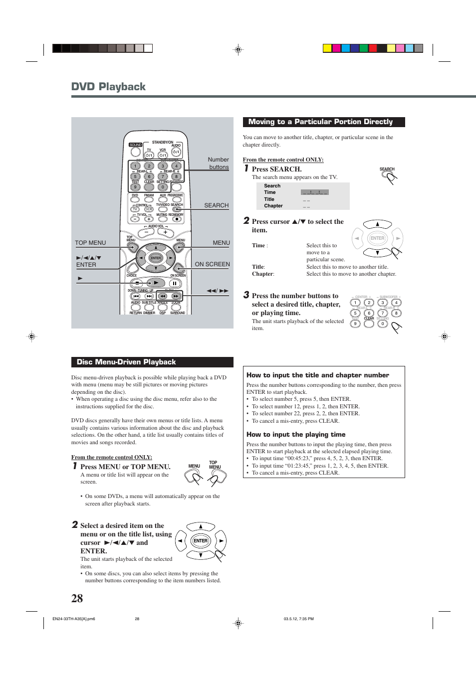 Dvd playback, Moving to a particular portion directly, Press search | Press cursor 5 / ∞ to select the item, Disc menu-driven playback, Press menu or top menu, How to input the title and chapter number, How to input the playing time | JVC TH-A35 User Manual | Page 30 / 63
