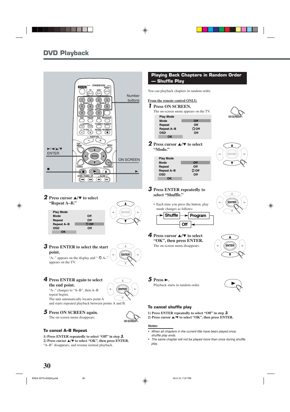 Dvd playback, Press enter to select the start point, Press enter again to select the end point | Press on screen again, Press on screen, Press cursor 5 / ∞ to select “mode, Press enter repeatedly to select “shuffle, Press 3, Shuffle program off, Press cursor 5 / ∞ to select “repeat a–b | JVC TH-A35 User Manual | Page 32 / 63