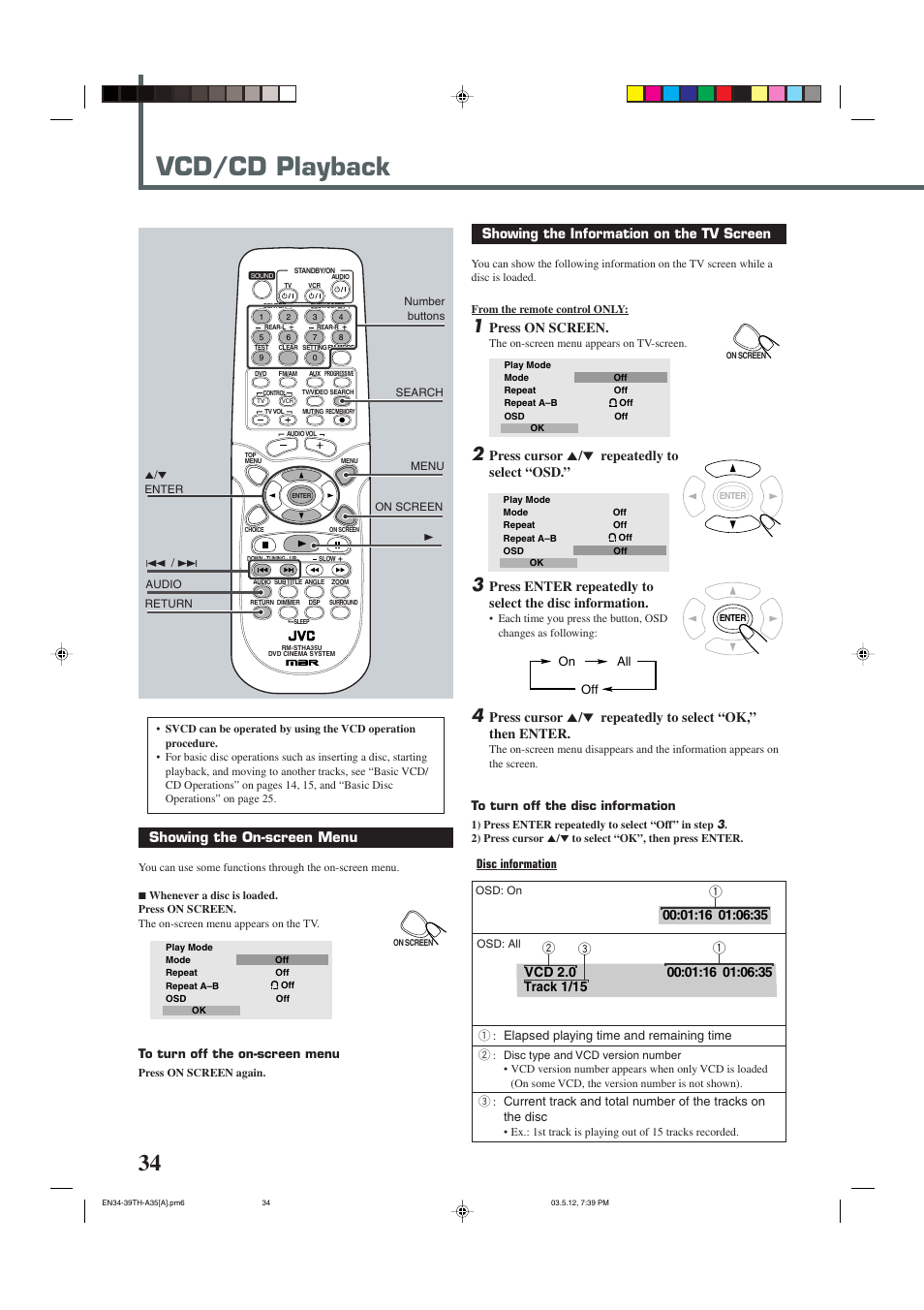 Vcd/cd playback, Showing the on-screen menu, Showing the information on the tv screen | Press on screen, Press cursor 5 / ∞ repeatedly to select “osd | JVC TH-A35 User Manual | Page 36 / 63