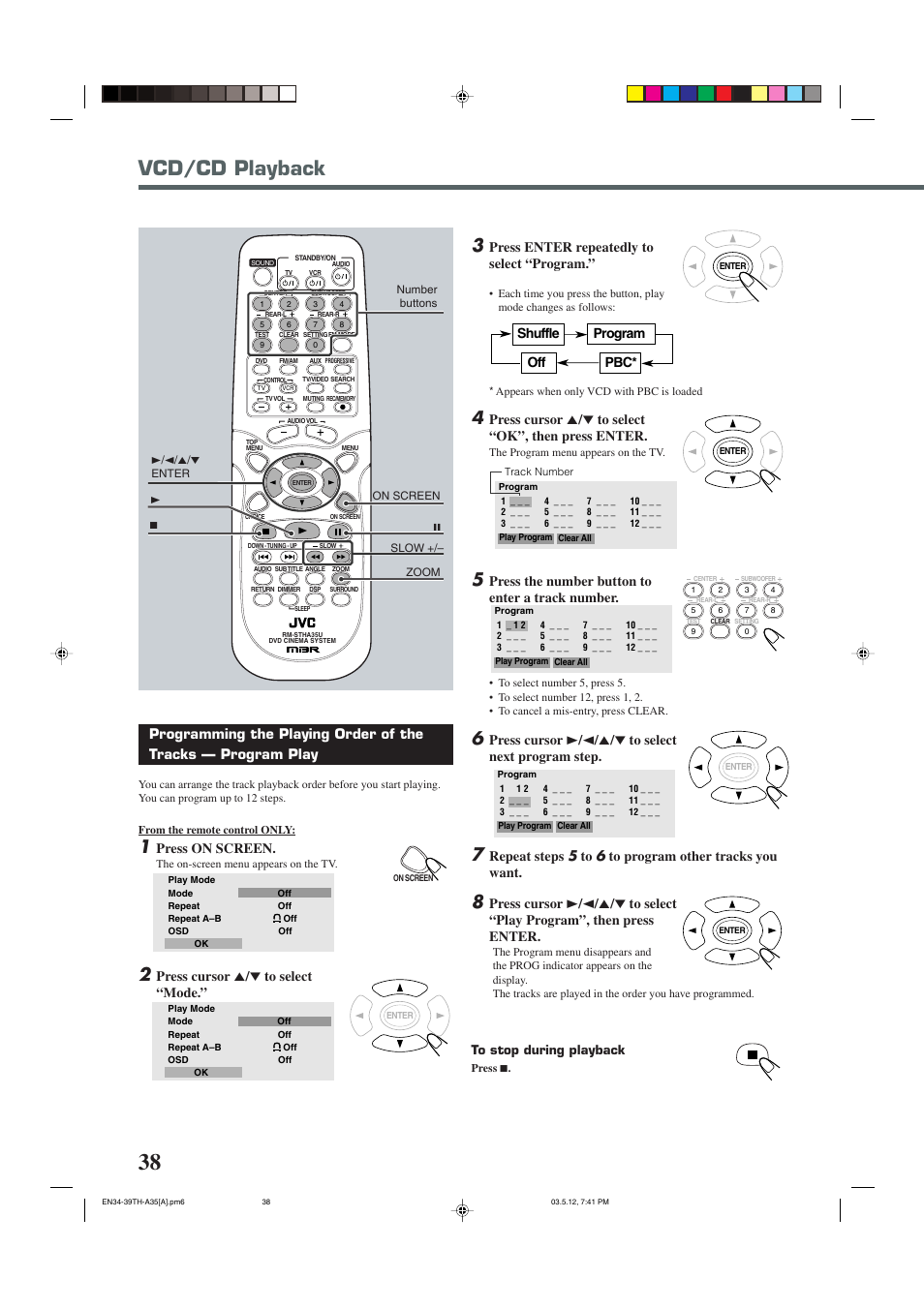 Vcd/cd playback, Press on screen, Press cursor 5 / ∞ to select “mode | Shuffle off pbc* program, Press enter repeatedly to select “program, Press the number button to enter a track number | JVC TH-A35 User Manual | Page 40 / 63