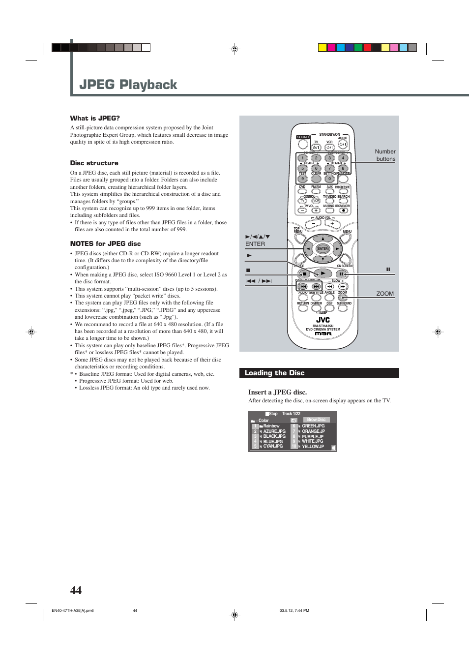 Jpeg playback, Loading the disc insert a jpeg disc, What is jpeg | Disc structure | JVC TH-A35 User Manual | Page 46 / 63