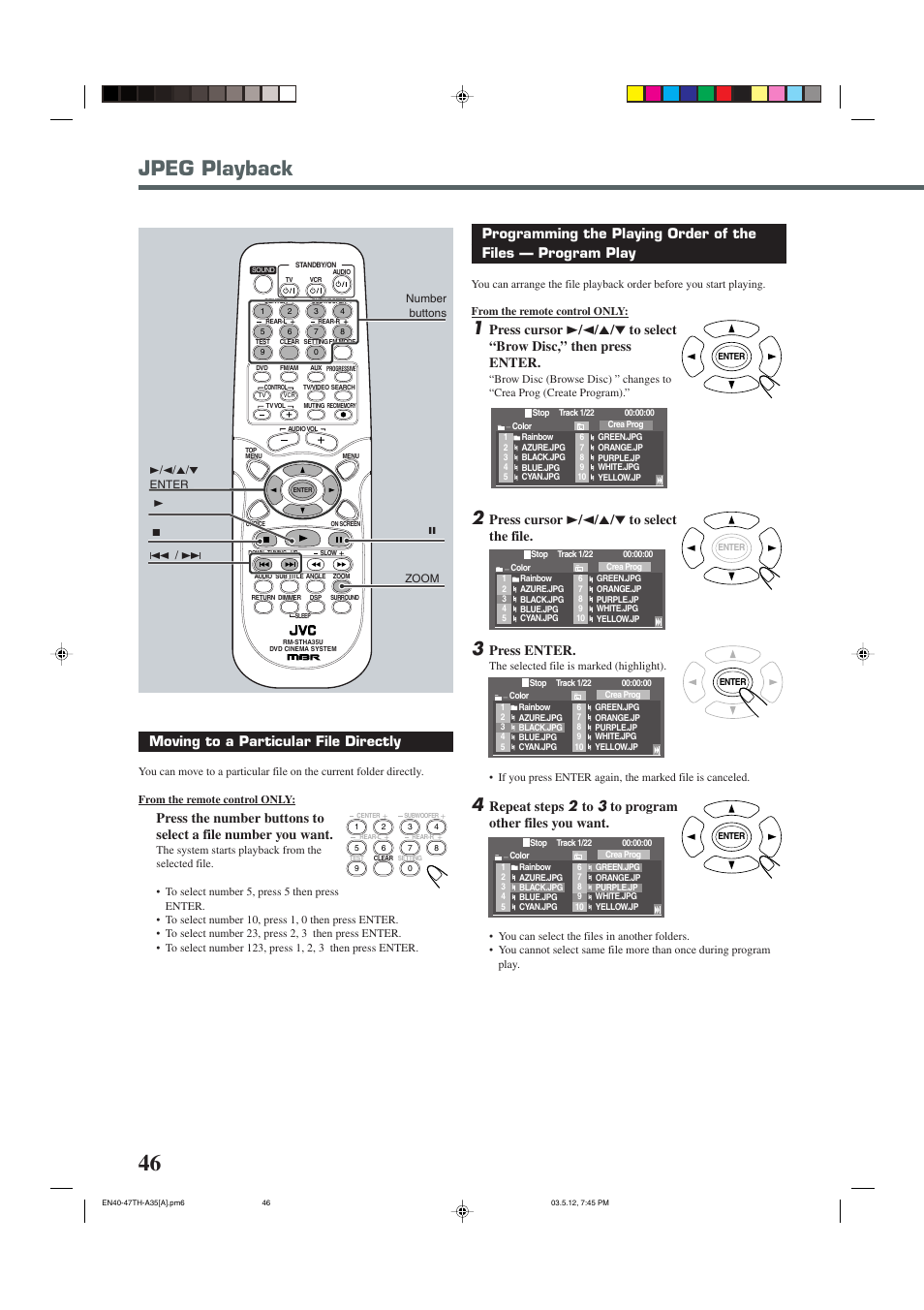 Jpeg playback, Press cursor 3 / 2 / 5 / ∞ to select the file, Press enter | Moving to a particular file directly | JVC TH-A35 User Manual | Page 48 / 63