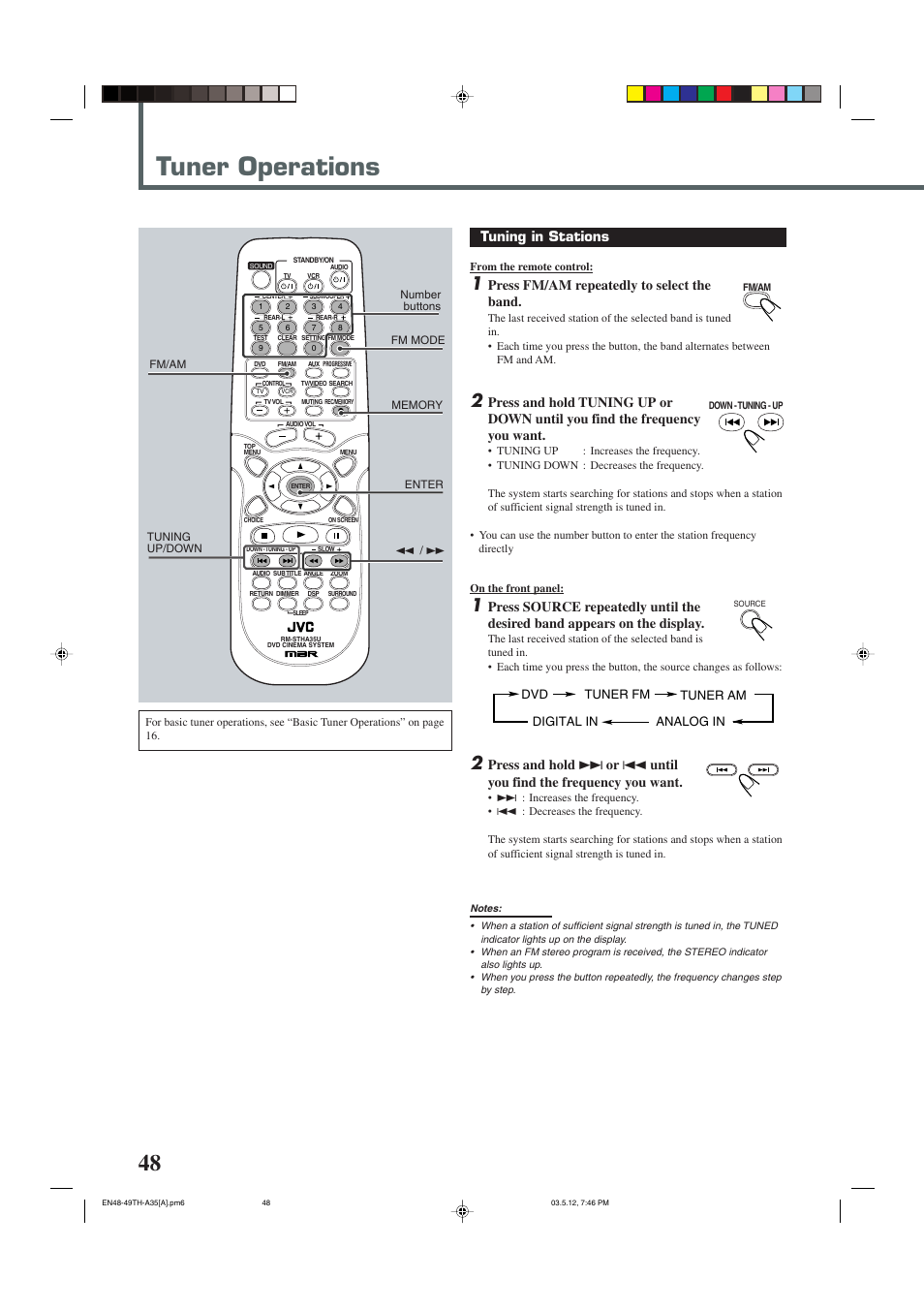 Tuner operations, Tuning in stations, Press fm/am repeatedly to select the band | JVC TH-A35 User Manual | Page 50 / 63