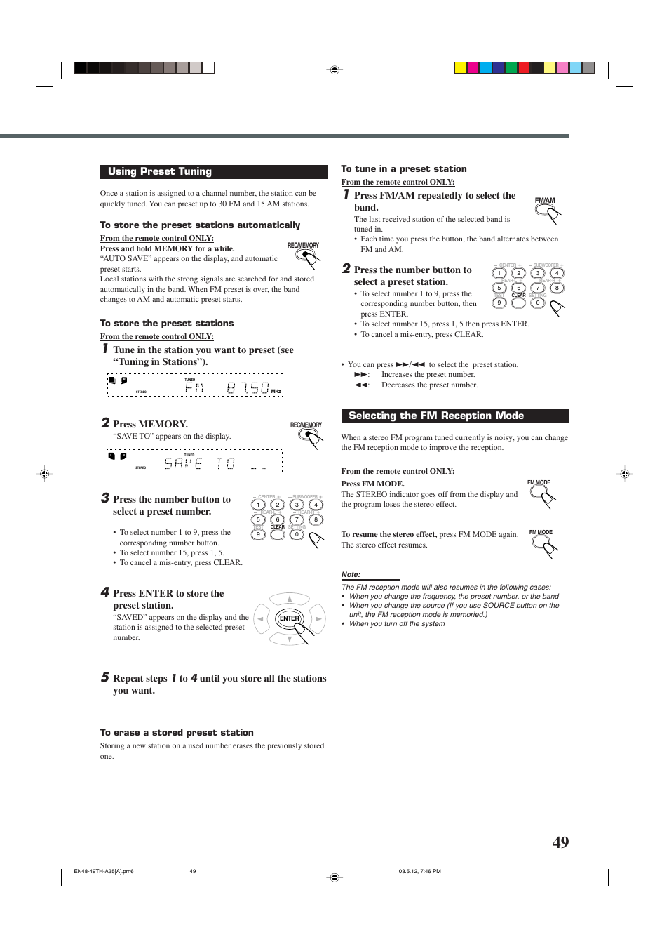 Using preset tuning, Press the number button to select a preset number, Press enter to store the preset station | Press fm/am repeatedly to select the band, Press the number button to select a preset station, Selecting the fm reception mode | JVC TH-A35 User Manual | Page 51 / 63