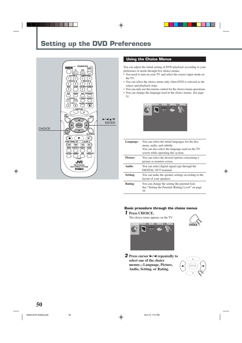 Setting up the dvd preferences, Using the choice menus, Press choice | Basic procedure through the choice menus | JVC TH-A35 User Manual | Page 52 / 63