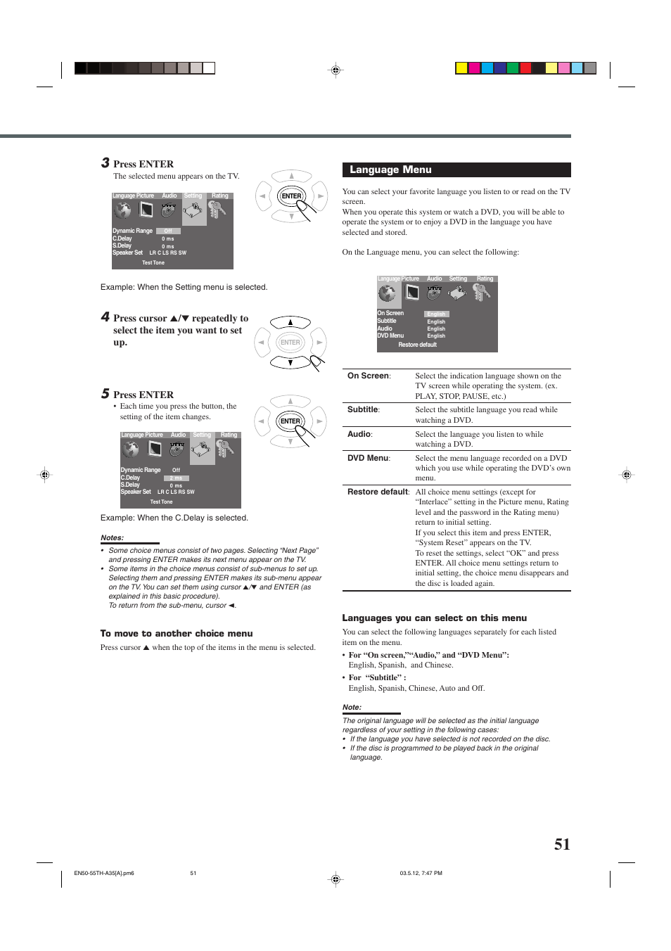 Language menu, Press enter | JVC TH-A35 User Manual | Page 53 / 63