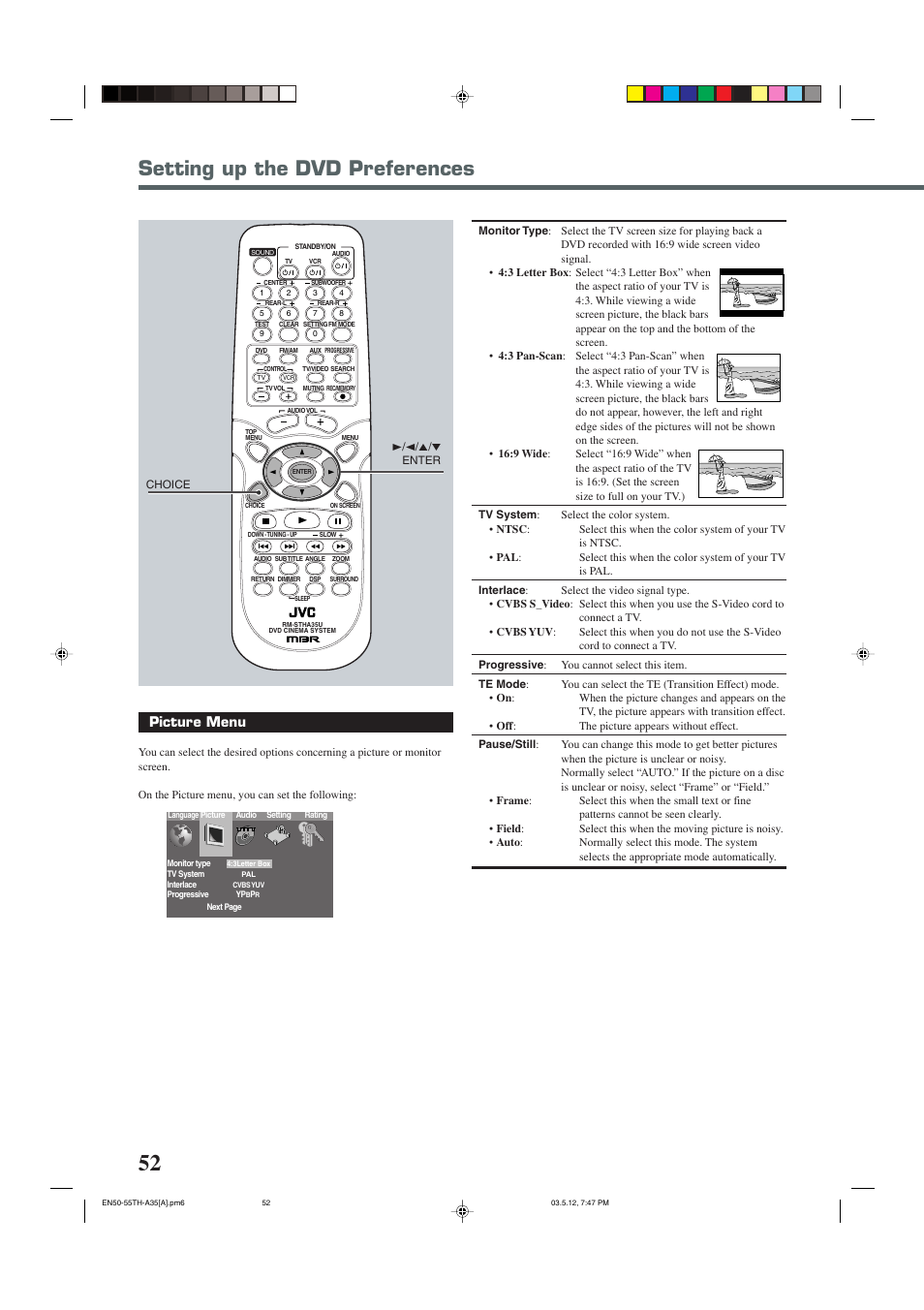 Setting up the dvd preferences, Picture menu | JVC TH-A35 User Manual | Page 54 / 63