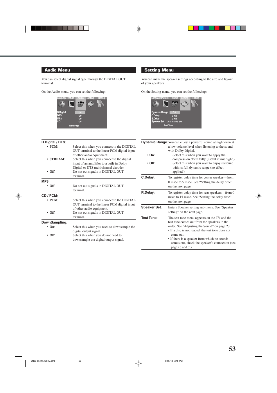 Audio menu, Setting menu | JVC TH-A35 User Manual | Page 55 / 63