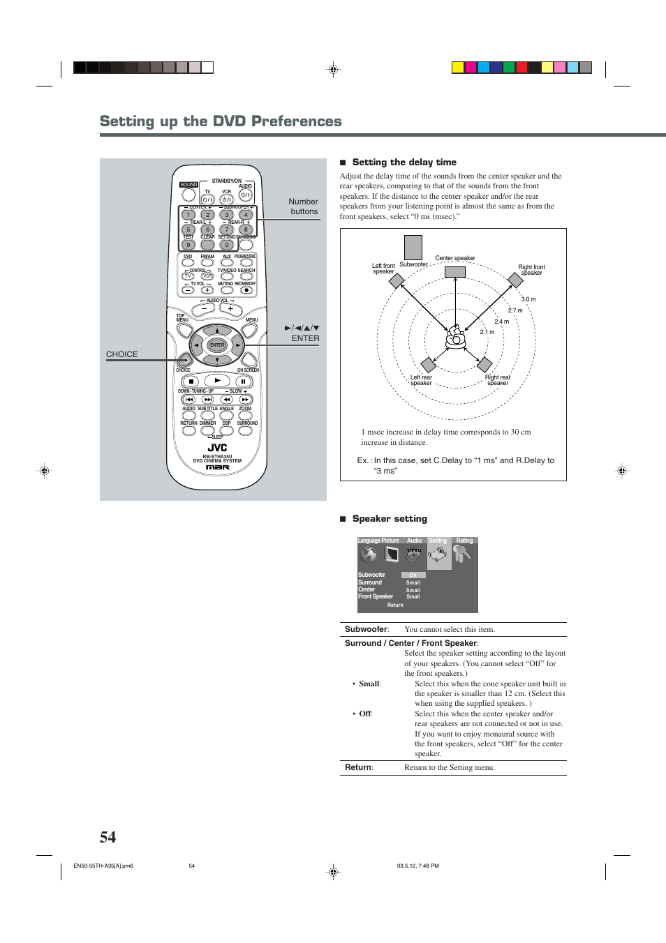 Setting up the dvd preferences, 7 setting the delay time, 7 speaker setting | JVC TH-A35 User Manual | Page 56 / 63