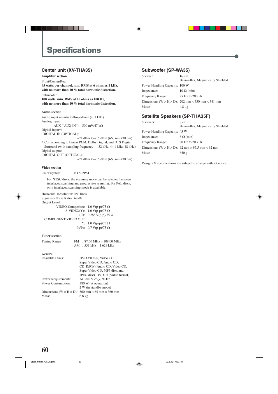 Specifications, Center unit (xv-tha35), Subwoofer (sp-wa35) | Satellite speakers (sp-tha35f) | JVC TH-A35 User Manual | Page 62 / 63
