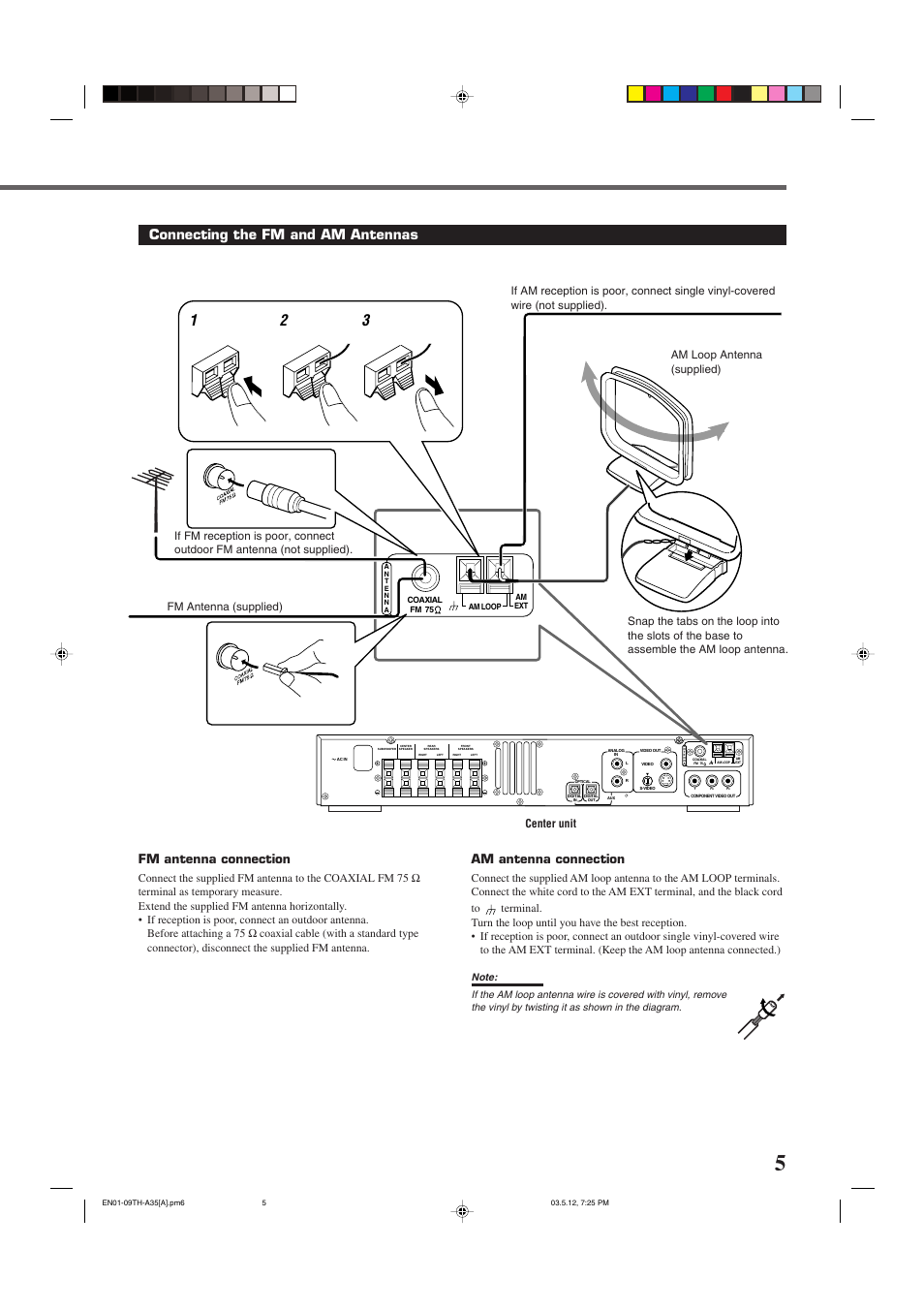 Connecting the fm and am antennas, Am antenna connection, Fm antenna connection | JVC TH-A35 User Manual | Page 7 / 63