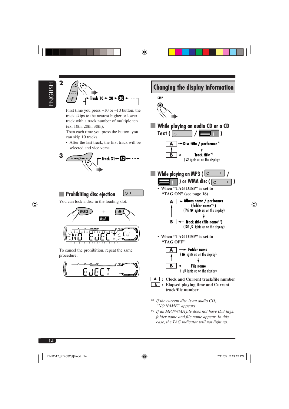 Changing the display information, English 2, Prohibiting disc ejection | JVC KD-S32 User Manual | Page 14 / 54