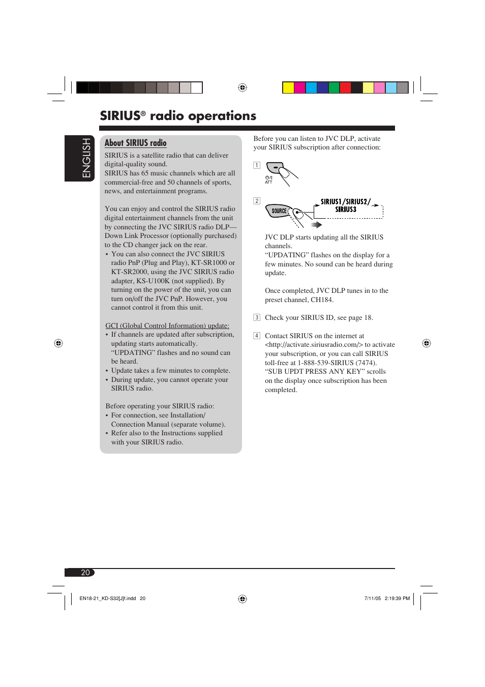 Sirius, Radio operations, English | JVC KD-S32 User Manual | Page 20 / 54