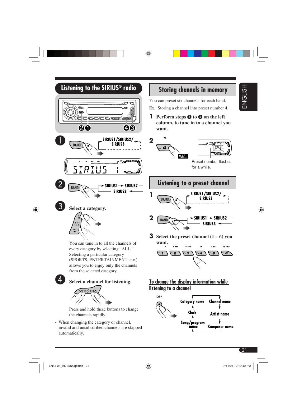 Listening to the sirius, Listening to a preset channel | JVC KD-S32 User Manual | Page 21 / 54