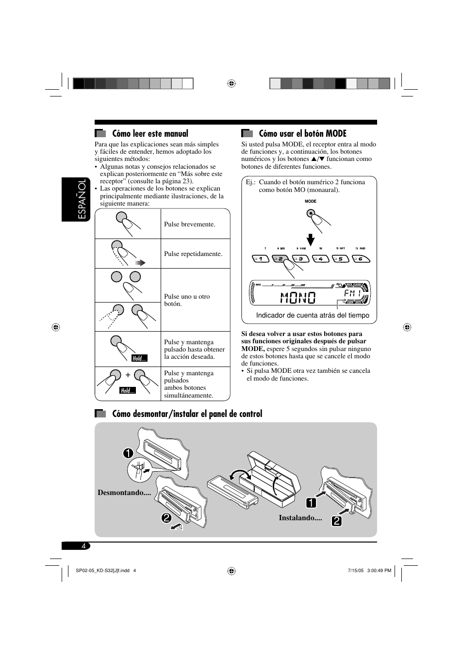 Esp añol cómo leer este manual, Cómo usar el botón mode, Cómo desmontar/instalar el panel de control | JVC KD-S32 User Manual | Page 30 / 54