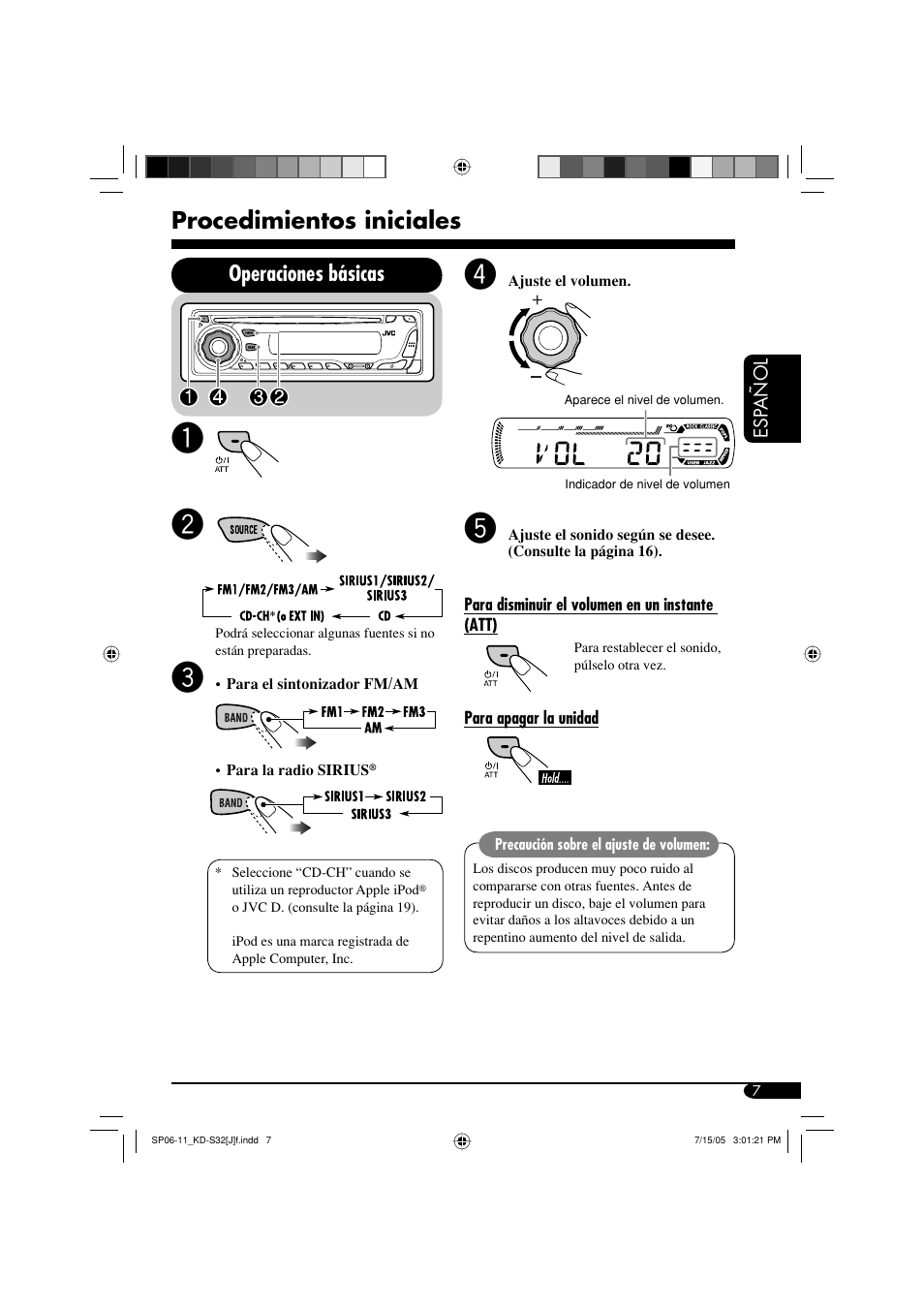 Procedimientos iniciales, Operaciones básicas | JVC KD-S32 User Manual | Page 33 / 54