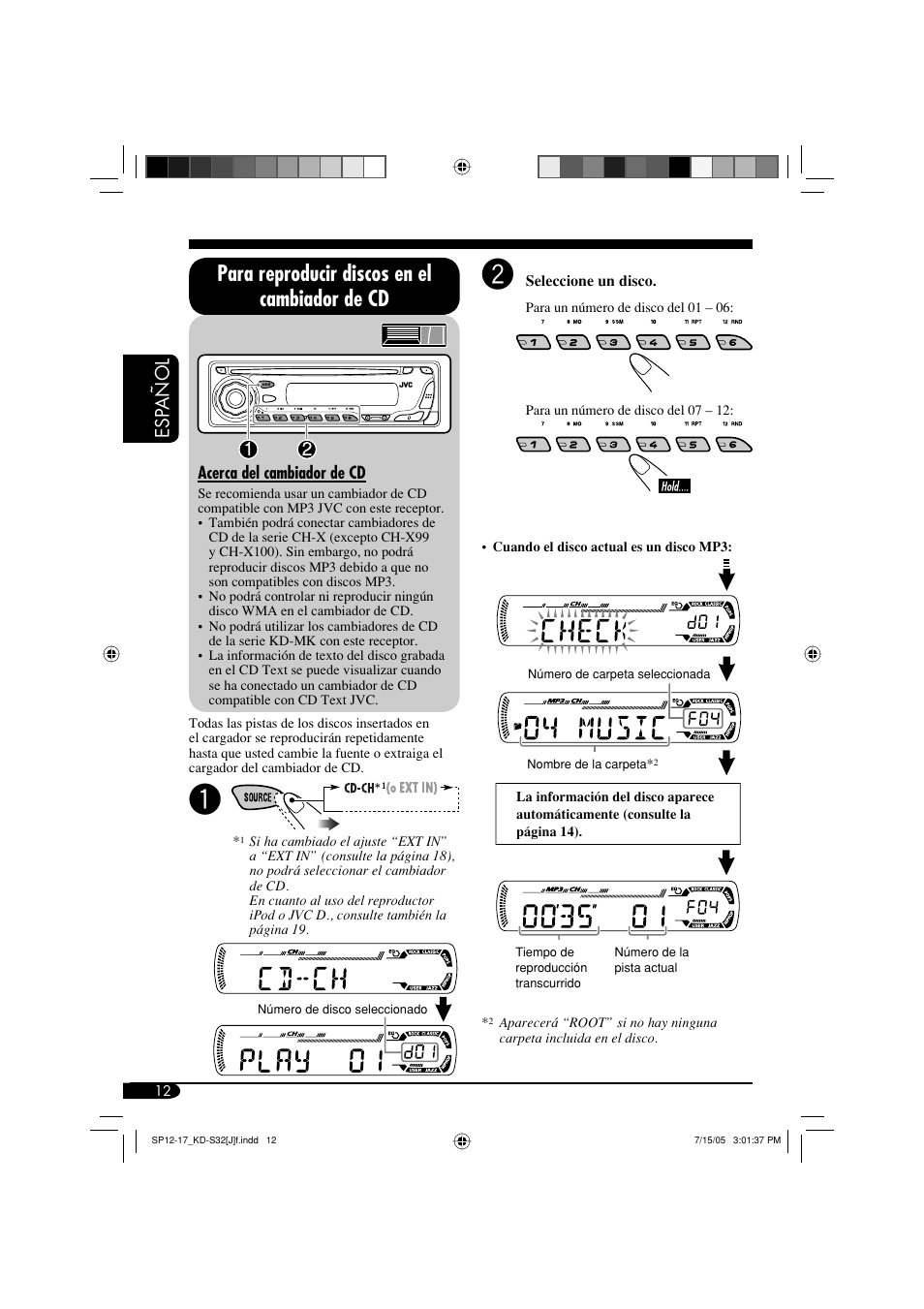 Para reproducir discos en el cambiador de cd, Esp añol | JVC KD-S32 User Manual | Page 38 / 54