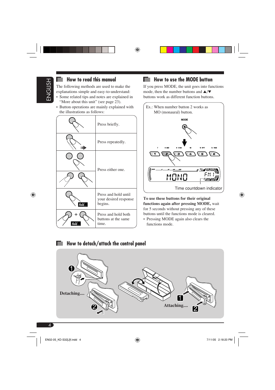 English how to read this manual, How to use the mode button, How to detach/attach the control panel | JVC KD-S32 User Manual | Page 4 / 54