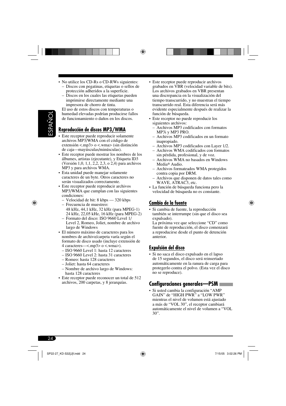 Esp añol, Configuraciones generales—psm | JVC KD-S32 User Manual | Page 50 / 54